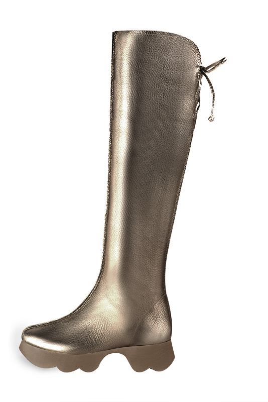 Bronze beige women's knee-high boots, with laces at the back. Round toe. Low rubber soles. Made to measure. Worn view - Florence KOOIJMAN